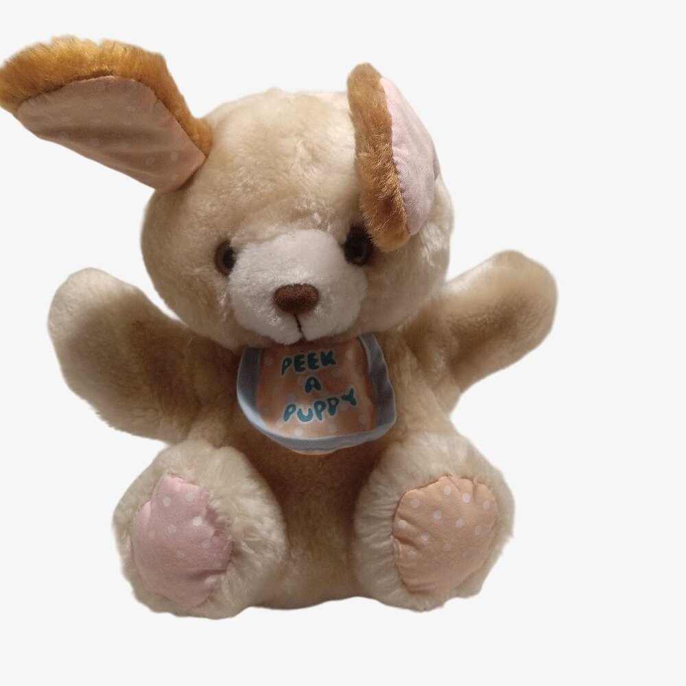Vintage Gerber Peek A Puppy Plush Stuffed Animal With Polka Dot Ears Paws Puppet
